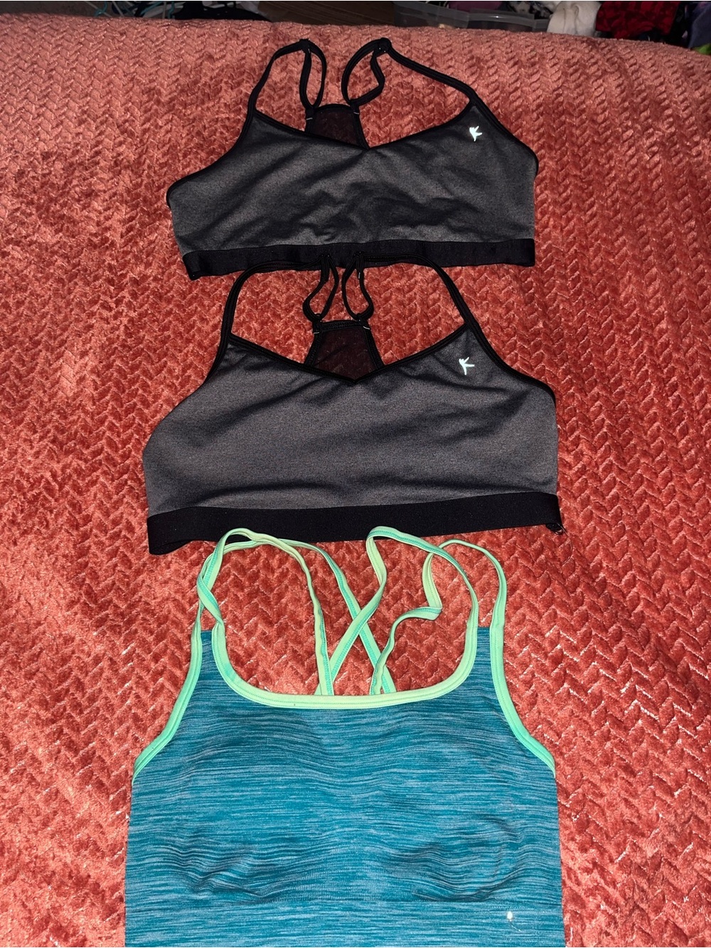 3 Danskin Women's Black Sports Bras, Teal Strappy, & blk & grey. Size M